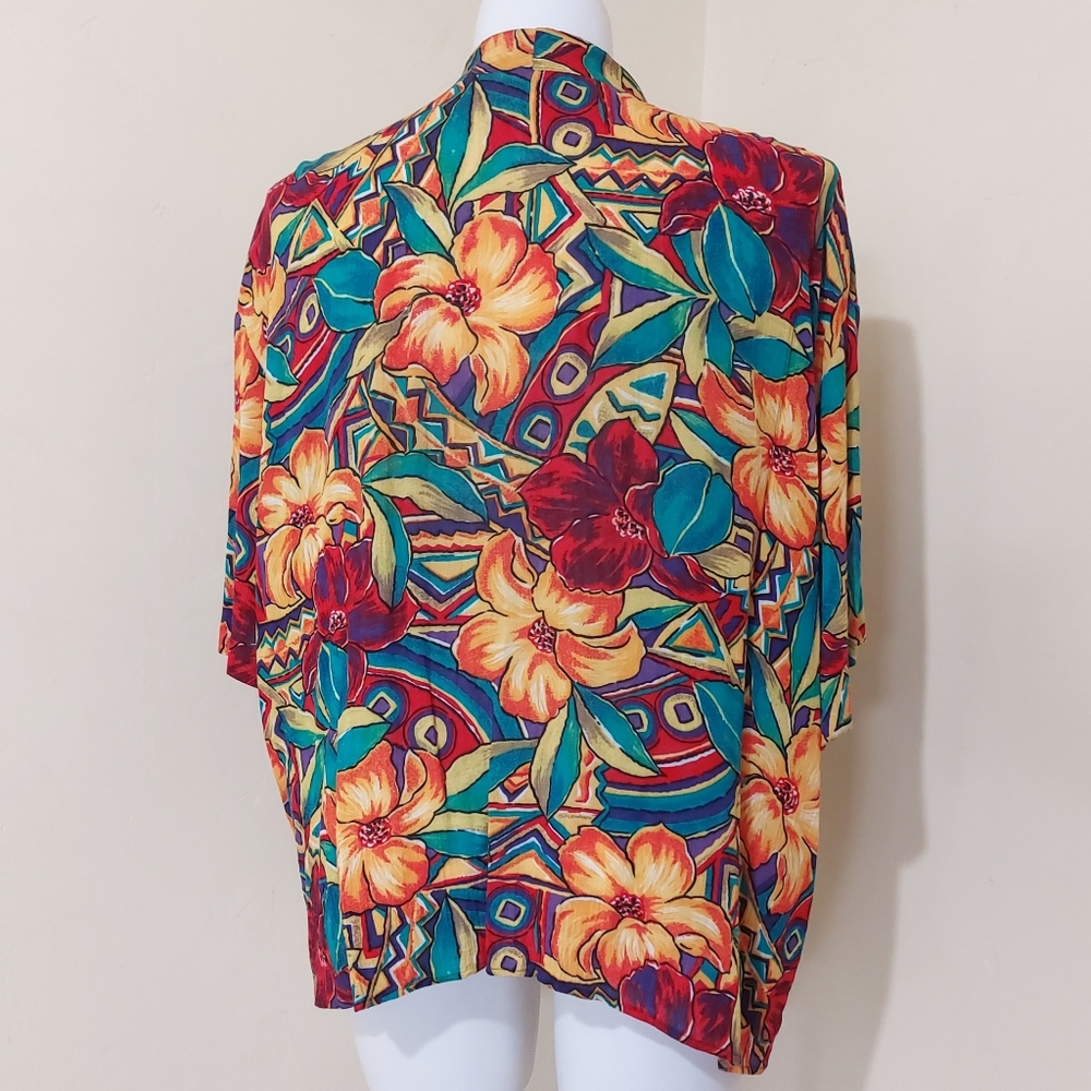 Vintage 80s Maggie McNaughton Plus Size 20W Colorful Hawaiian Floral Flowy Top - Picture 5 of 11